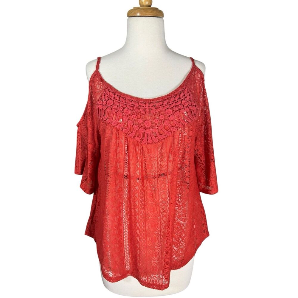 Eyeshadow Burnt Orange Crochet Lace Top Cold Shoulder Sz M